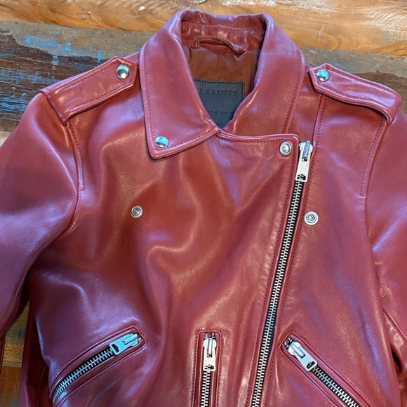 All Saints Dark-Cherry Leather Balfern Biker Jacket (size- US:6, EU:38, UK:10) - Picture 11 of 14